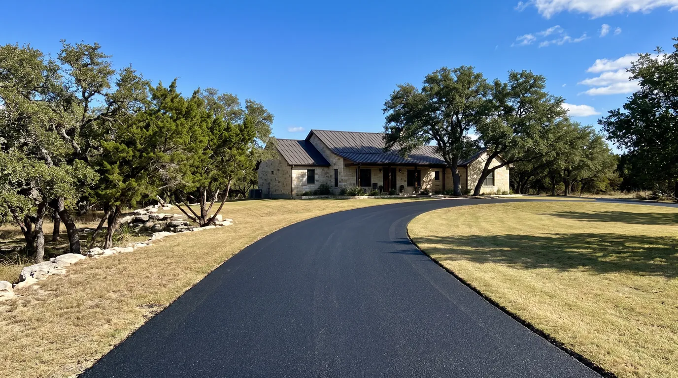 A freshly paved black asphalt driveway curving up to a limestone house under live oaks