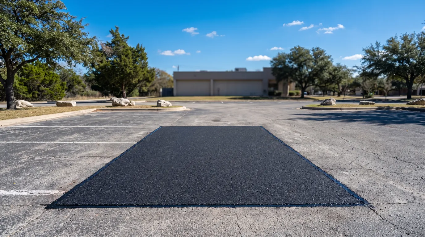 A neat rectangular patch of new asphalt set flush into an older gray parking lot