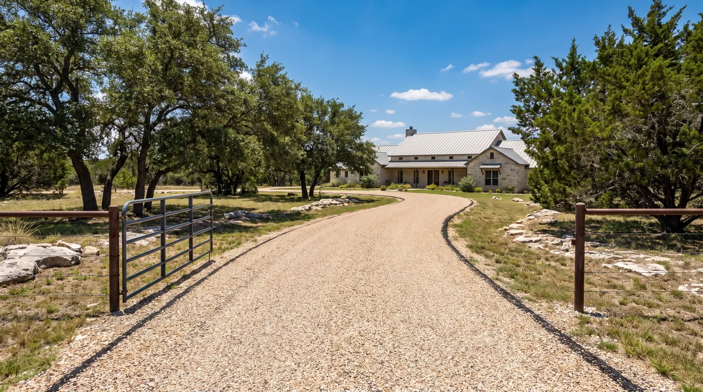 A tan chip seal driveway winding past a ranch gate and live oaks to a limestone house