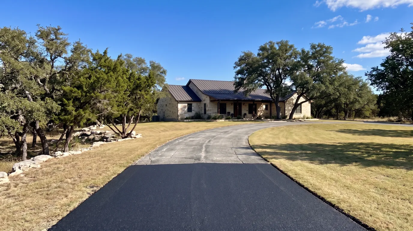 A worn gray asphalt driveway with the near half freshly resurfaced in black asphalt