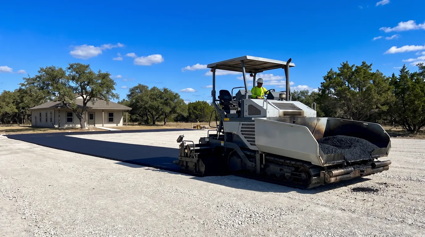 An asphalt paver lays a fresh mat over a compacted limestone base on a new parking lot