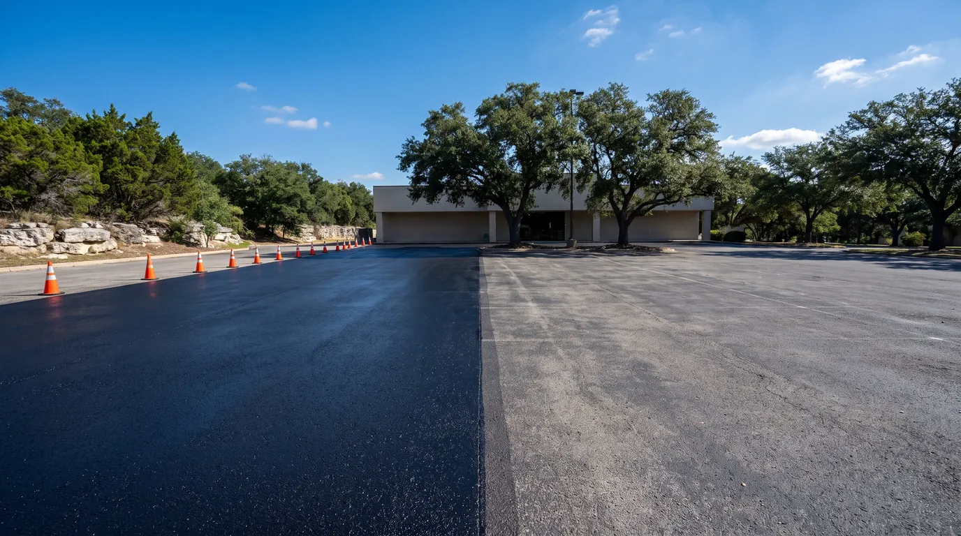 A parking lot half covered in fresh black sealcoat, with orange cones along the wet edge